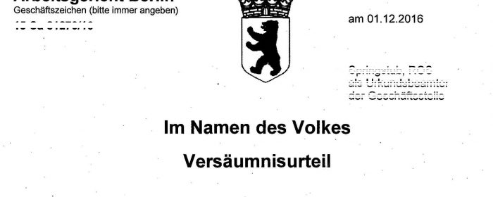 Arbeitsgericht Berlin, Versäumnis-Urteil gegen SOKA-Bau vom 1. Dez. 2016